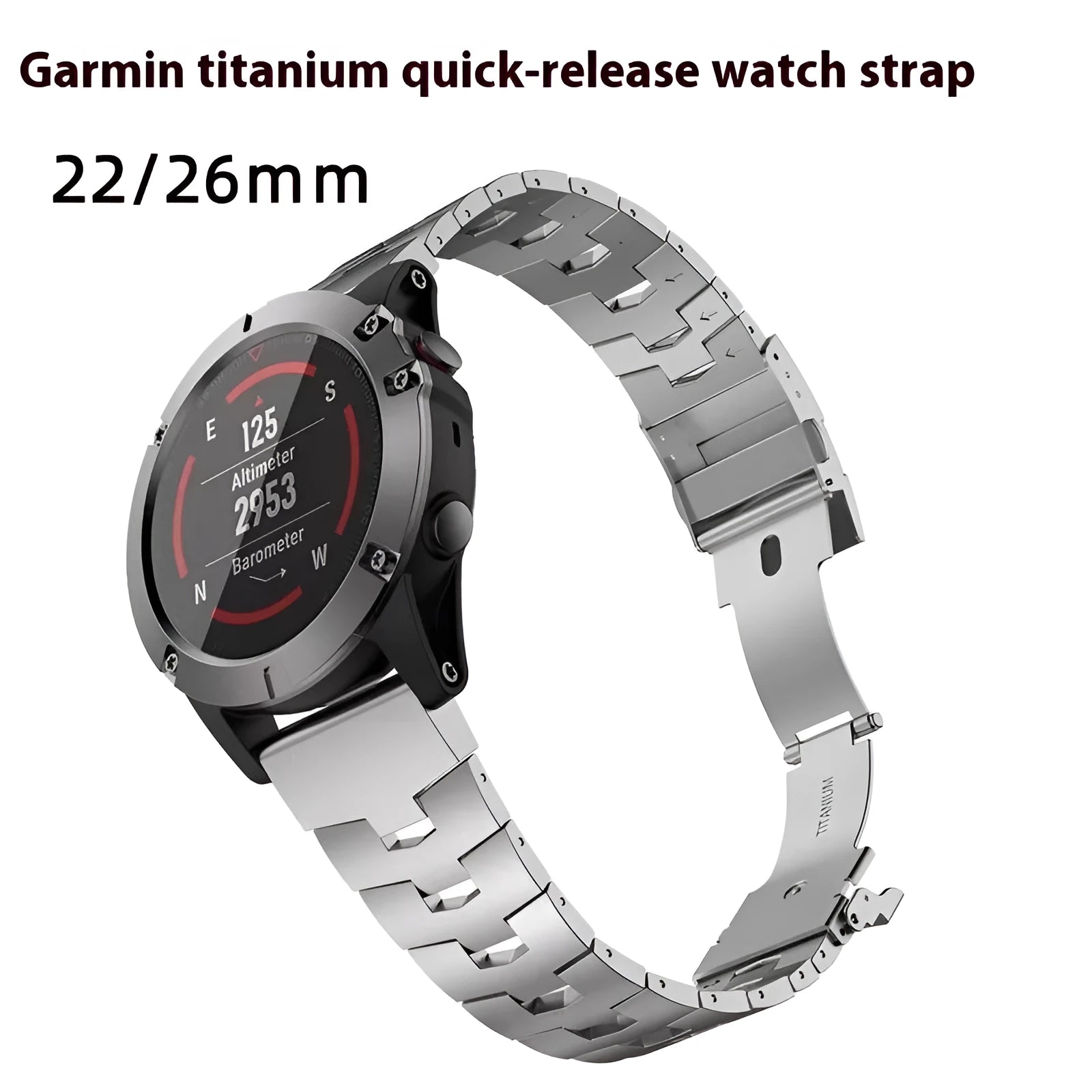 Garmin Fenix Jiaming watch replacement strap in silver, black, and titanium colours showing 22mm and 26mm width options.