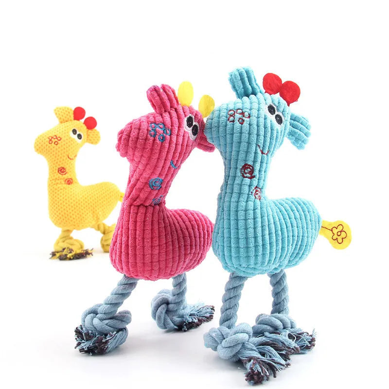 Blue deer shaped plush dog toy with corn grain texture and sound function measuring 25cm