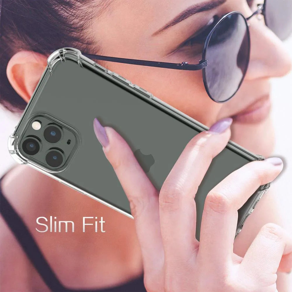Clear transparent shockproof phone case for Apple iPhone models showing TPU material