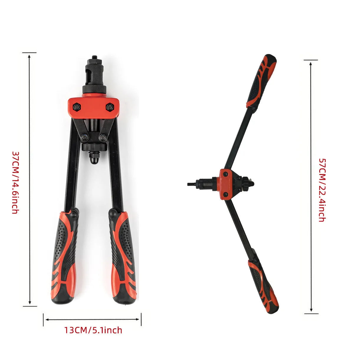CQ14 model 14-inch alloy manual rivet nut tool with set of six interchangeable M3 to M10 gun tips.