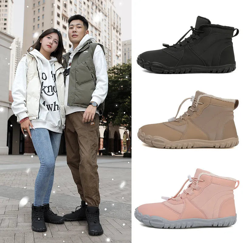 Waterproof outdoor snow boots with fleece lining, rubber soles, and lace-up front in black, khaki, or pink colours