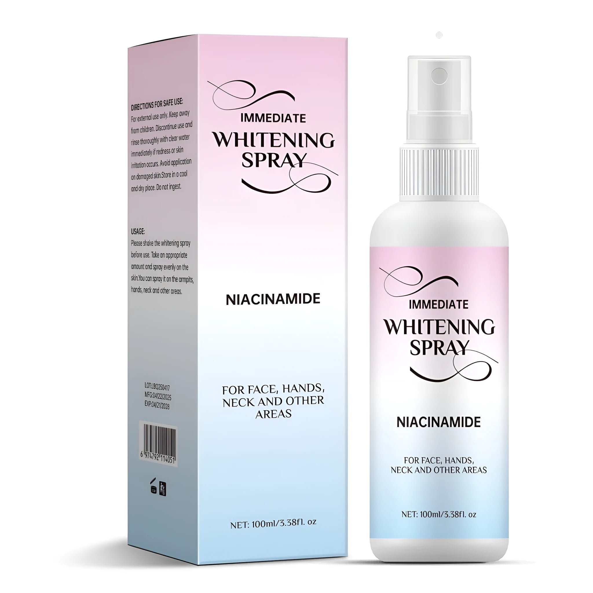 100ml whitening sweat-proof spray bottle for brightening skin colour, suitable for women, men and children.