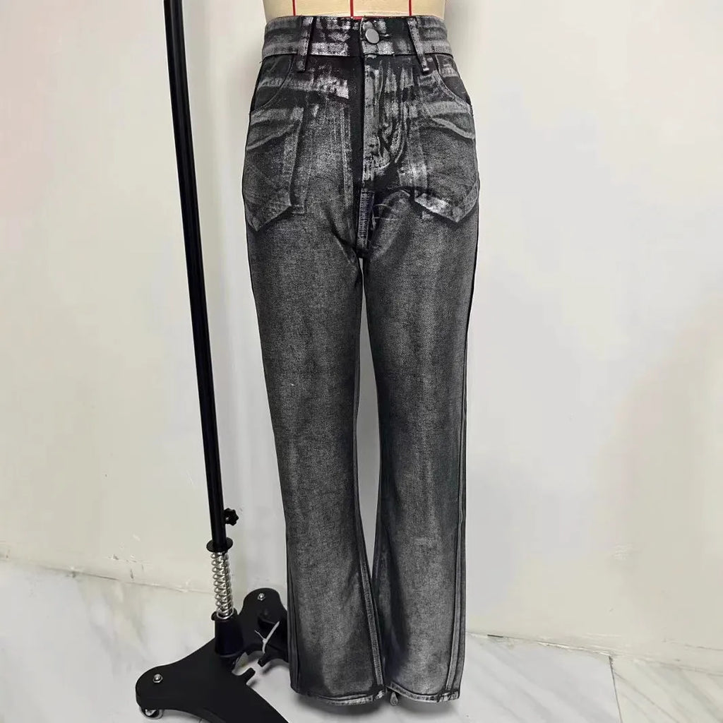 Washed blue high-waist straight-leg jeans with hot silver contrast stitching on a mannequin
