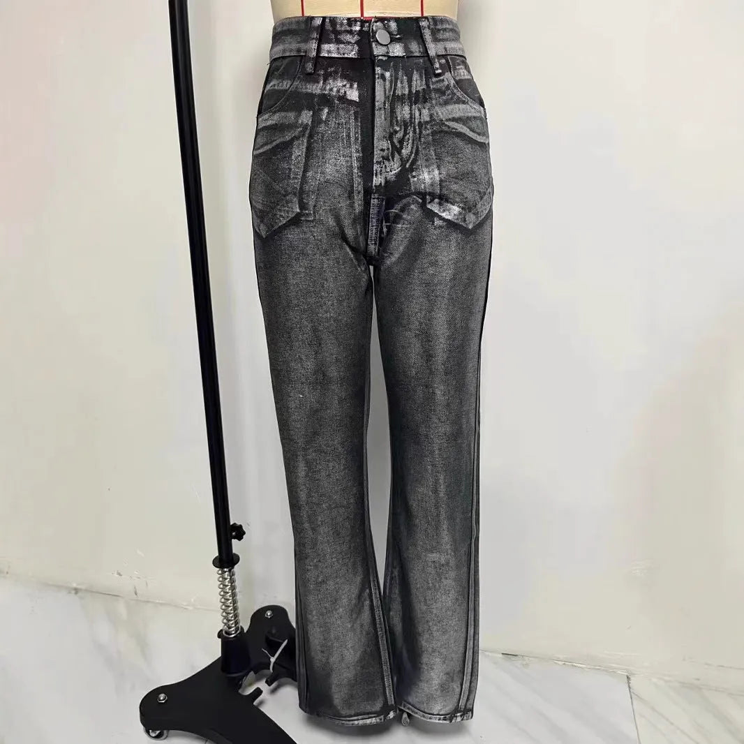 Washed blue high-waist straight-leg jeans with hot silver contrast stitching on a mannequin