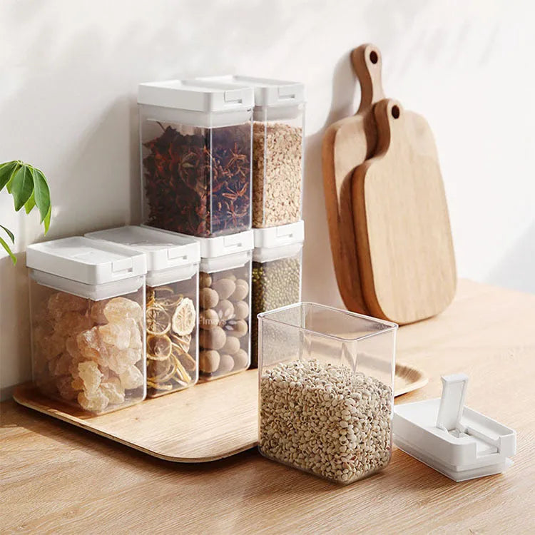 Transparent white plastic storage container for grains with 400ml capacity.