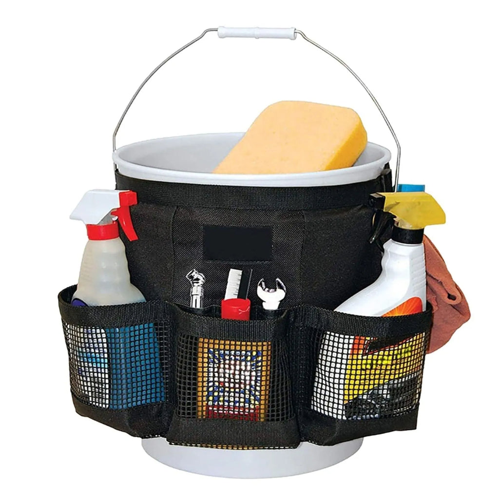 Black cylindrical polyester storage bag mounted on 5 gallon barrel with carry handles visible