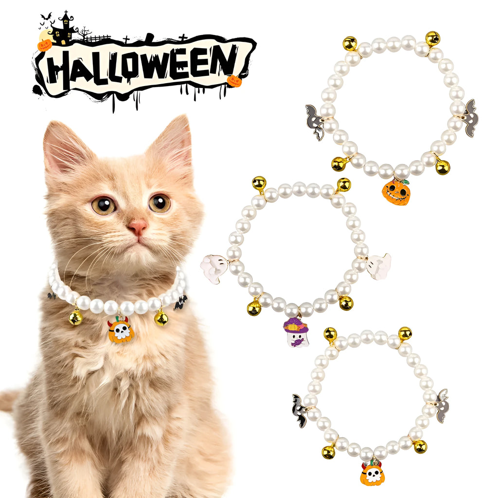 Halloween decorative pet collar with simulated pearl necklace and pumpkin designs in purple, black, and orange.