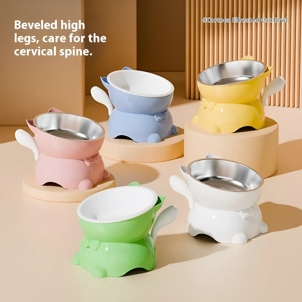 Stainless steel anti-fall oblique cat bowl with kitten tail design in four colour options