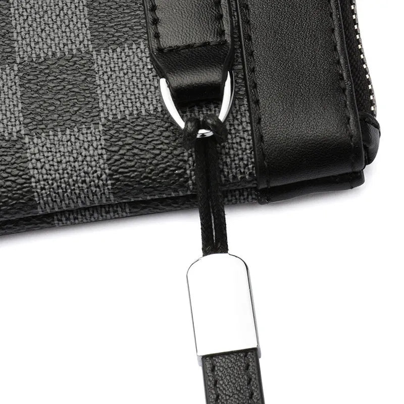 Black plaid men's leather clutch wallet made from genuine cowhide, showing front view.