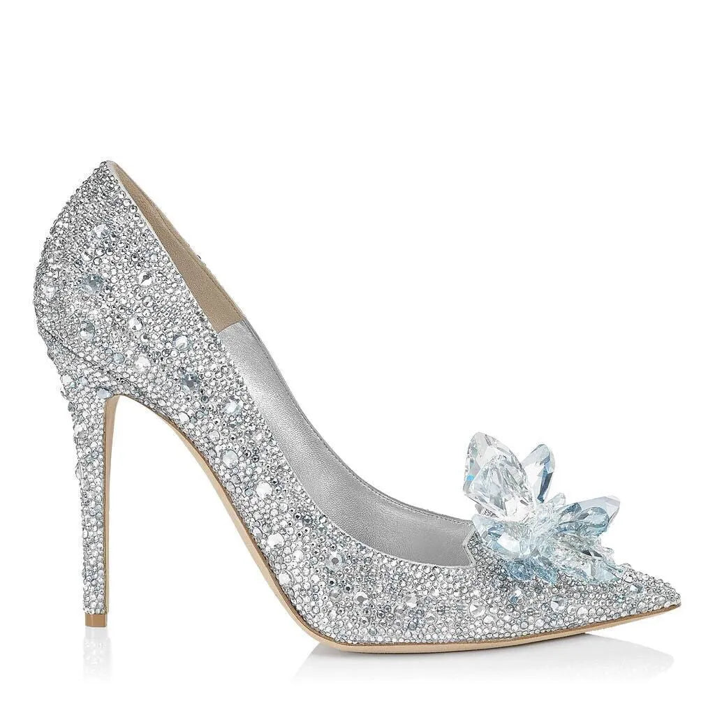 Gold and silver women's pointed toe high heels with rhinestone and sequin decoration