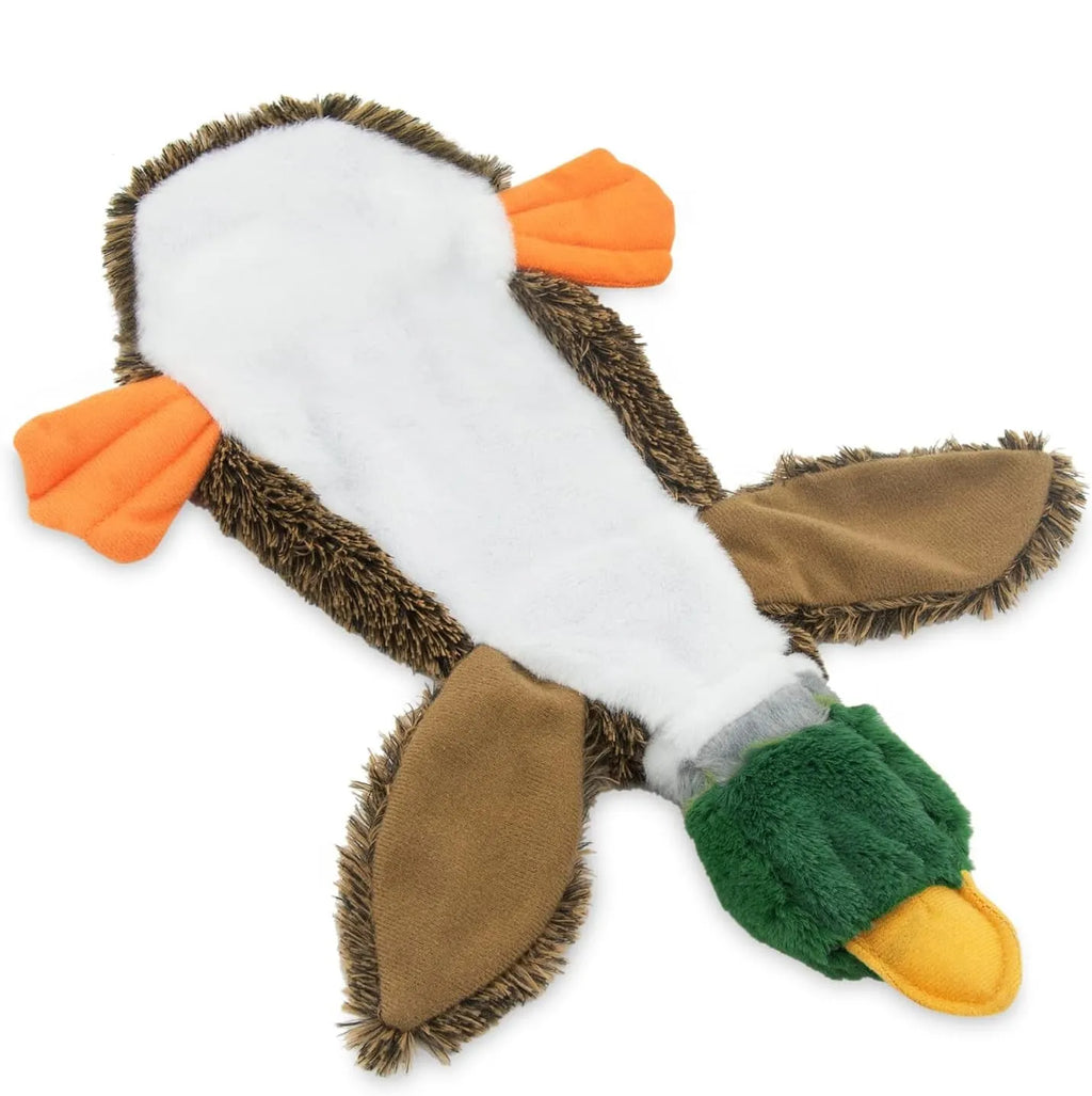Green stuffless plush dog toy shaped like a duck with two squeakers and a bottle pocket.