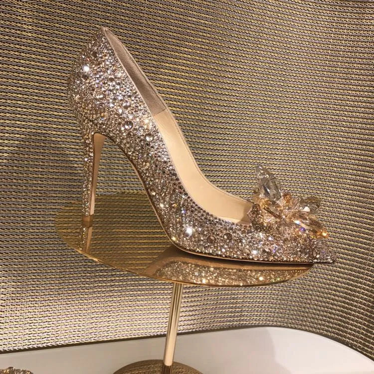 Gold and silver women's pointed toe high heels with rhinestone and sequin decoration
