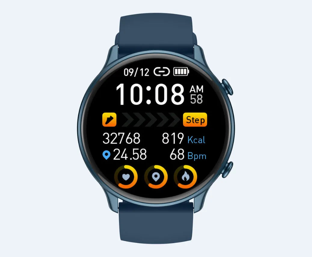 Round smart sports watch with touch screen, heart rate monitor, and silicone strap in black, blue, or pink