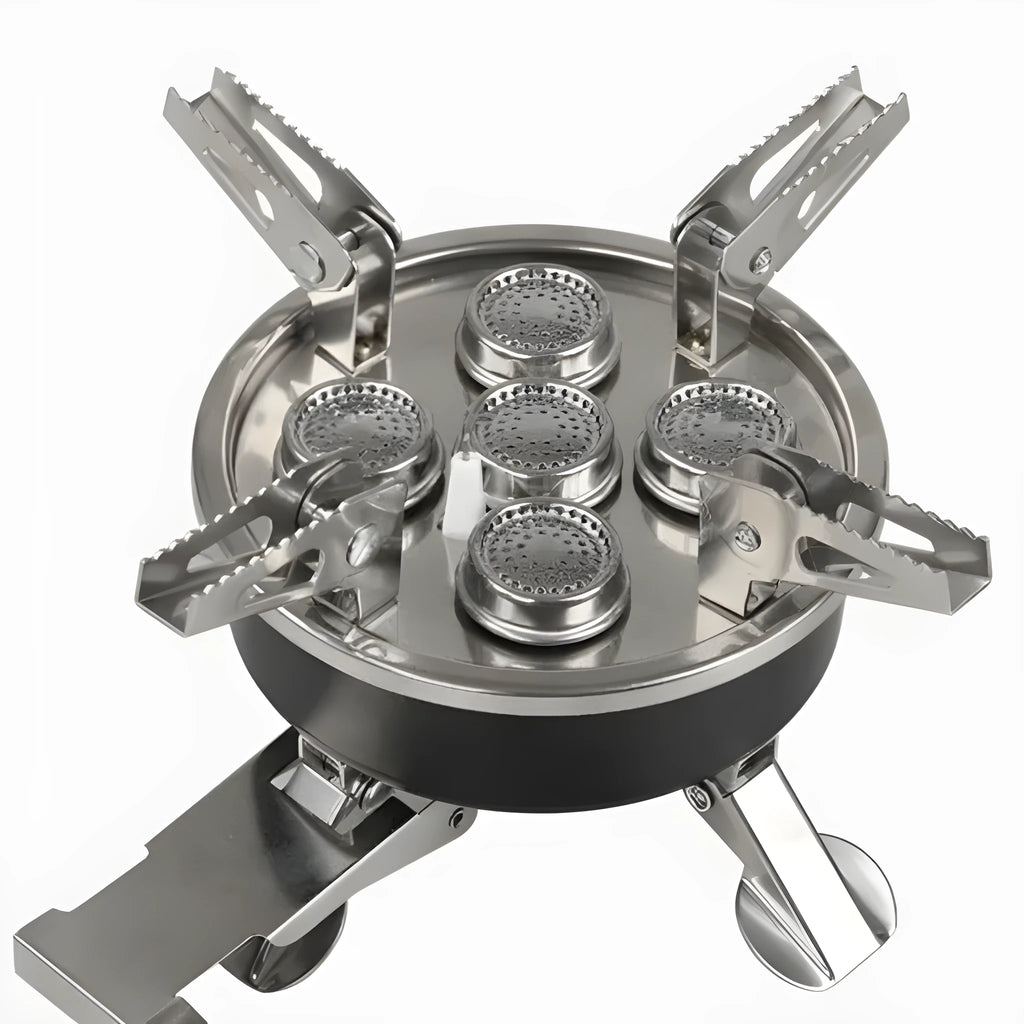 Silver portable split stove for outdoor camping, shown with a foldable design and hose.