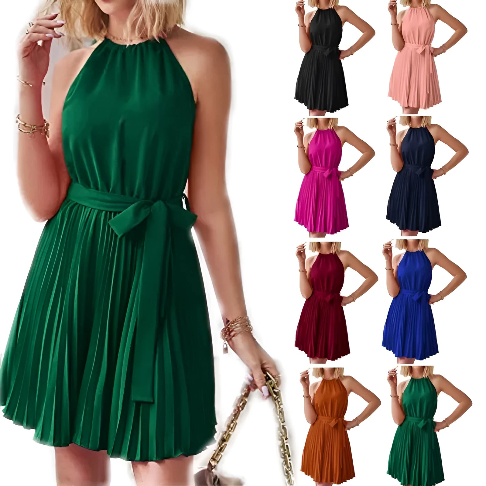 Women's black chiffon halter dress with pleated midi skirt and adjustable waist belt.