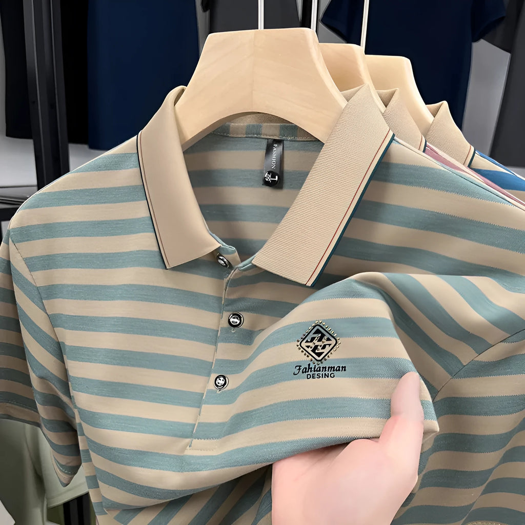 Man wearing a red striped short sleeve casual shirt with a mosaic pattern detail