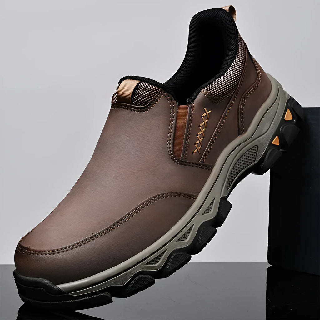 Men's dark brown casual leather shoes with round toe and rubber sole