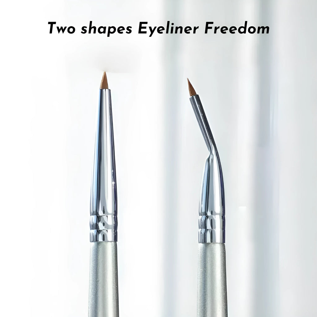 Close-up of an angled bend head makeup brush for eyeliner and under-eye concealer application.