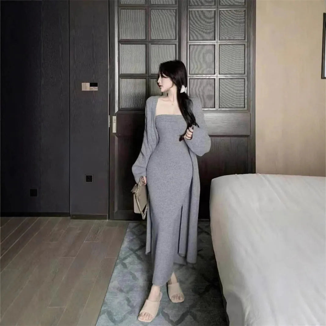 Women's grey knitted cardigan dress sweater suit with long skirt and flocking detail