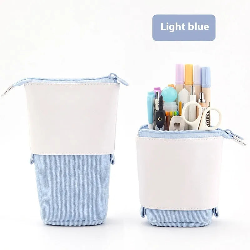 PU corduroy stationery case with drop-down telescopic opening in Korean style design