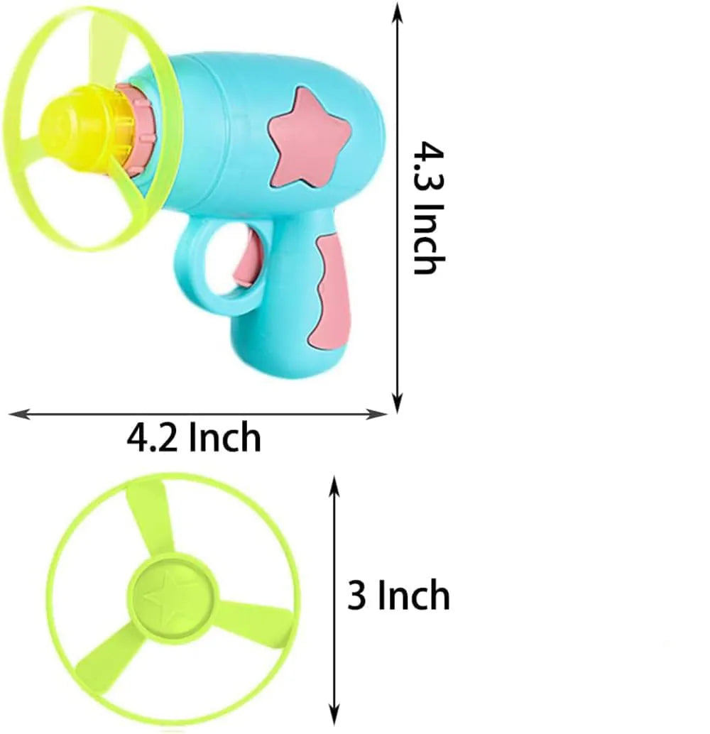 Blue plastic cat toy gun with spinning Frisbee for indoor feline play