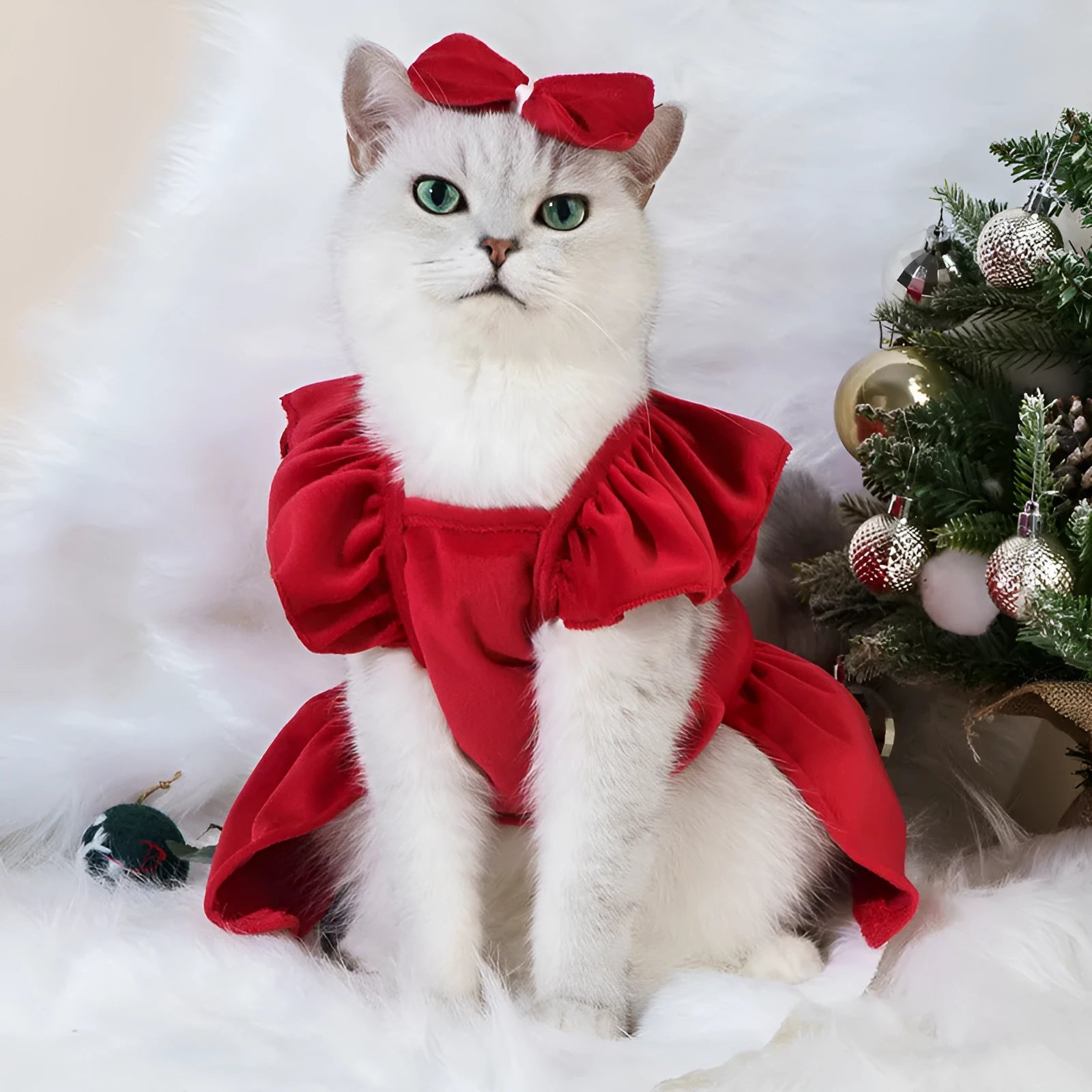 Pet Christmas dress in red silver fox velvet with matching headdress flower on a small dog