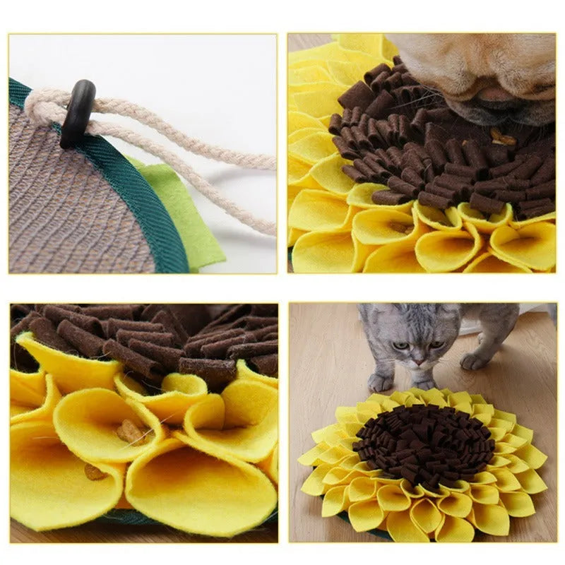 Yellow sunflower-shaped dog snuffle mat with fabric layers for hiding treats during nosework training