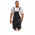 Men's ripped denim shorts with suspenders in a straight-leg style