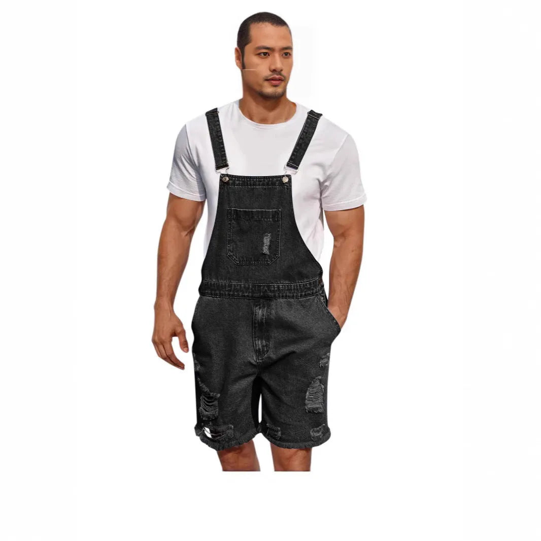 Men's ripped denim shorts with suspenders in a straight-leg style