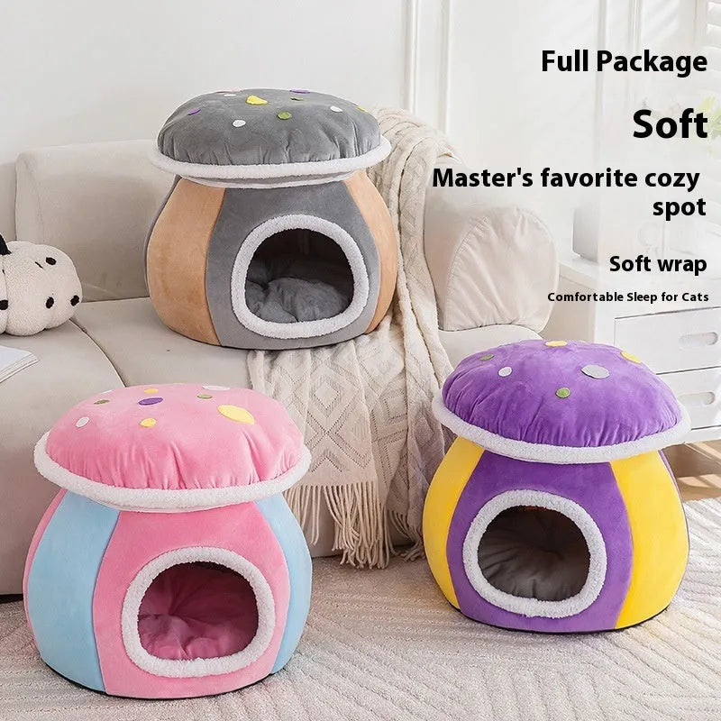 Grey mushroom-shaped plush cat nest bed for indoor cages, shown with a detachable design.