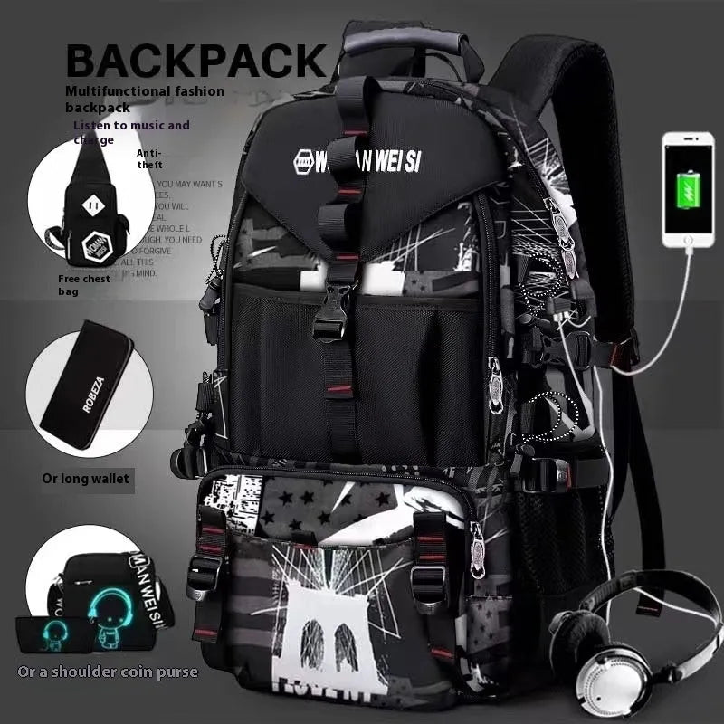Men's waterproof Oxford cloth hiking backpack in camouflage design with 56-75L capacity