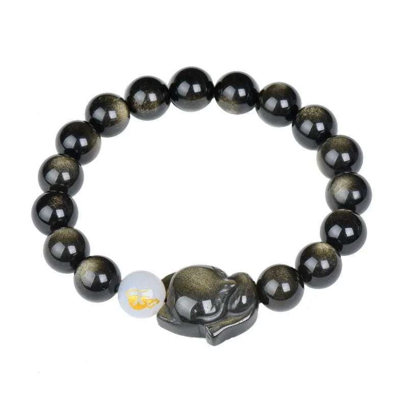 Natural obsidian zodiac guardian bracelet with 10mm beads on an adjustable cord.