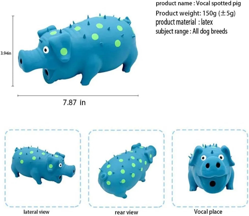 Blue latex pig-shaped dog chew toy with protruding grains and squeaker for aggressive chewers