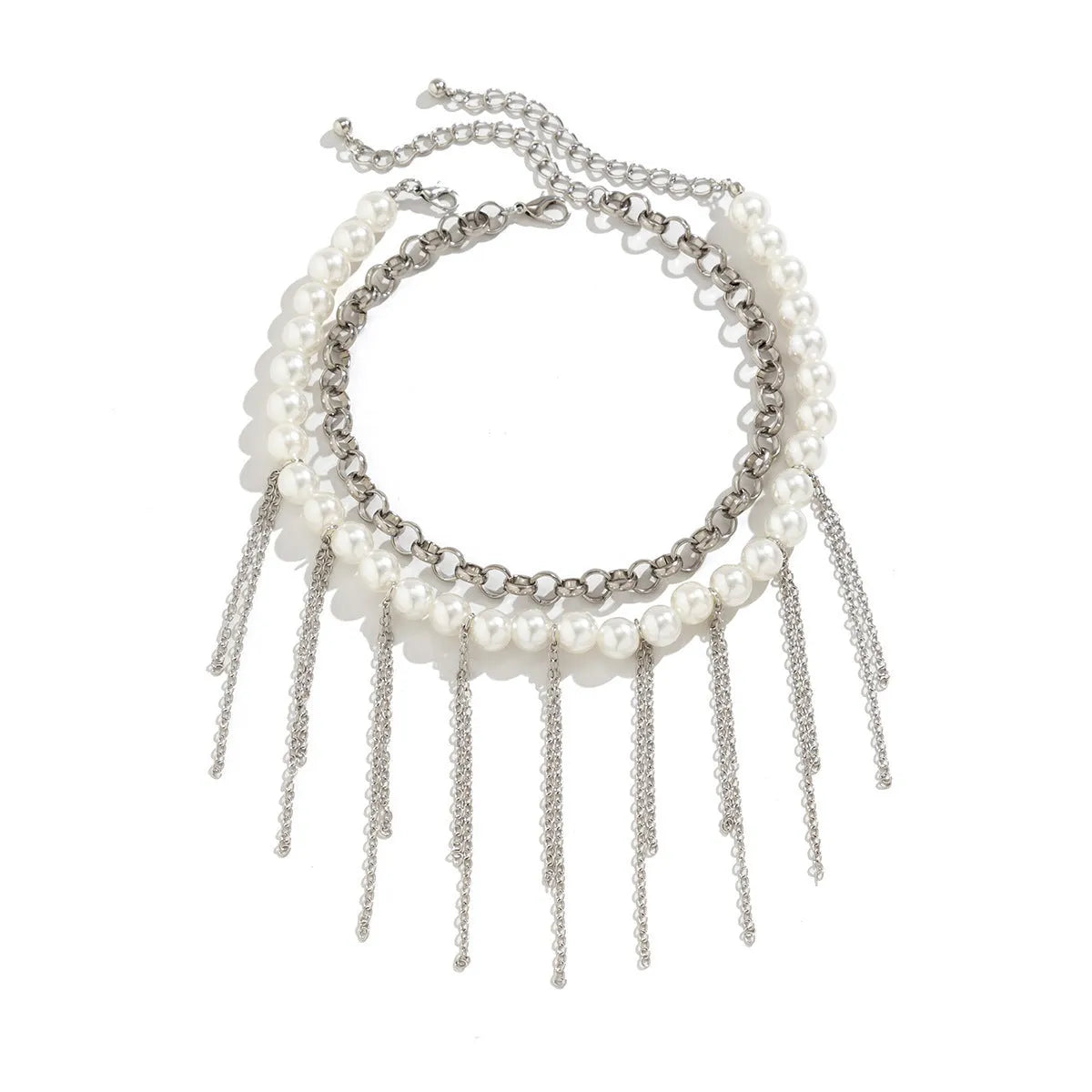 Double-layer retro necklace with imitation pearls, geometric iron pendant, tassel chain, and ball bead chain in White K finish