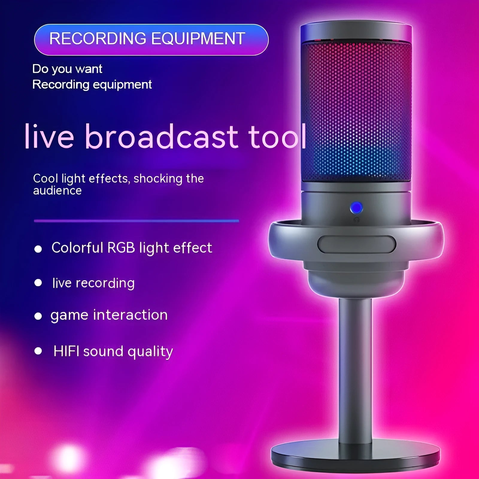 RGB condenser microphone for computer streaming with 150cm cable in black, pink or white colours