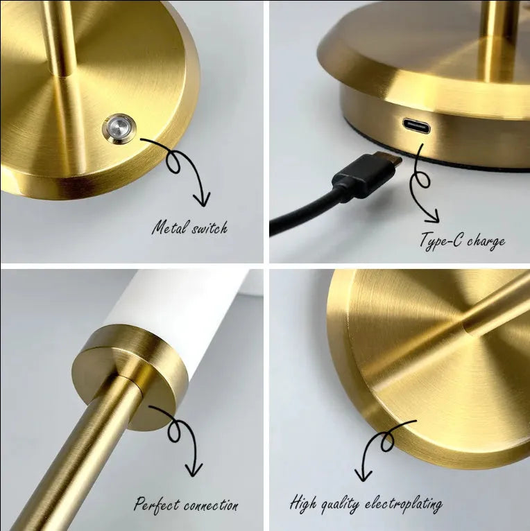 Alloy desk lamp with LED, rechargeable 5200mAh battery, gold silver finish