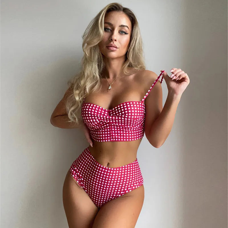 Women's plaid high waist bikini set with split detail in rose red, black, blue, and sky blue sizes S to 4XL