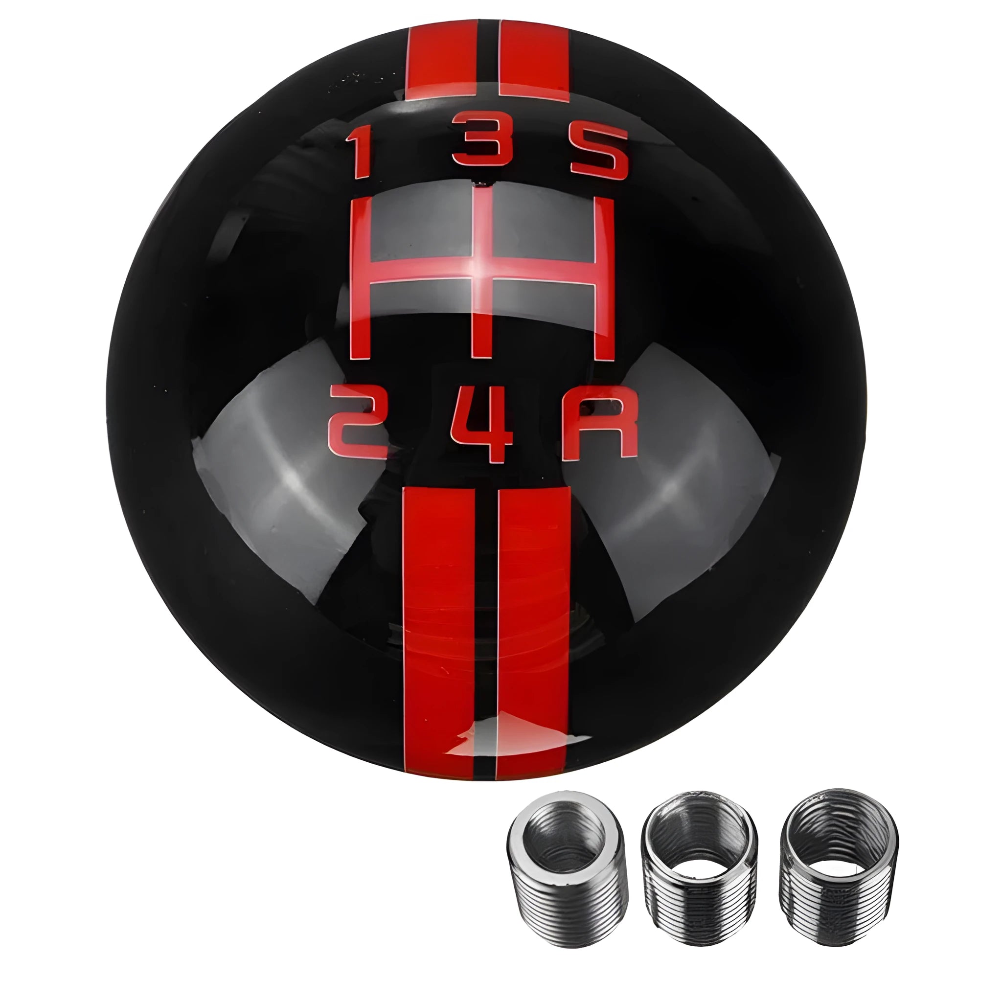 Black acrylic car gear knob for 5-speed manual, showing red lettering marking the gear positions.