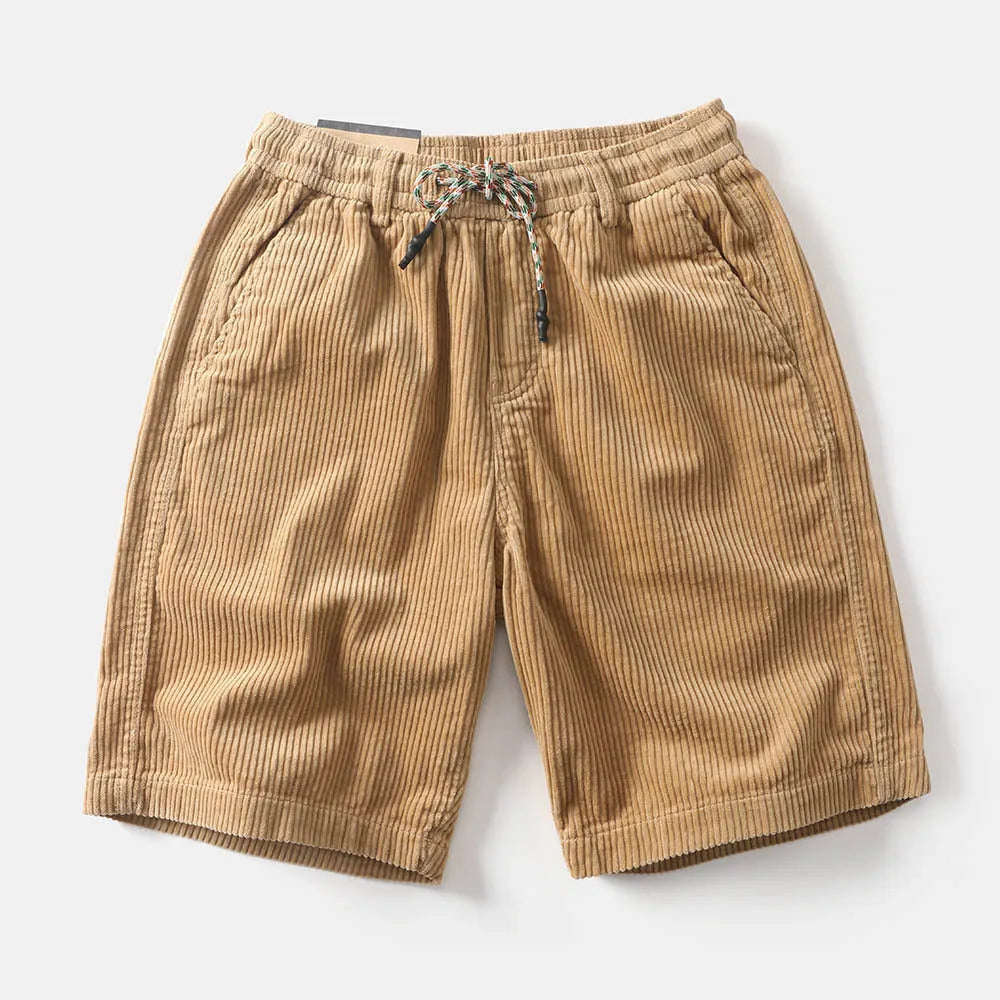 Men's khaki retro cargo shorts with multiple pockets on a straight-leg fit.