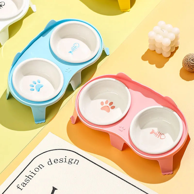 Ceramic cat food and water bowl set on elevated stand with storage hook in blue colour