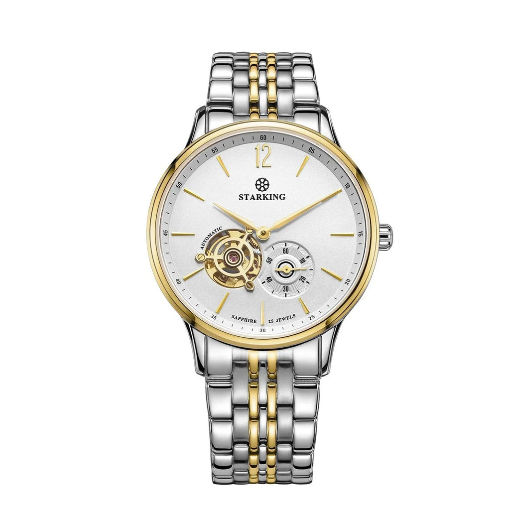 Men's automatic mechanical business watch with leather strap and stainless steel case