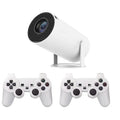 White X10 PLUS portable home smart projector with gamepad and remote control on a table.