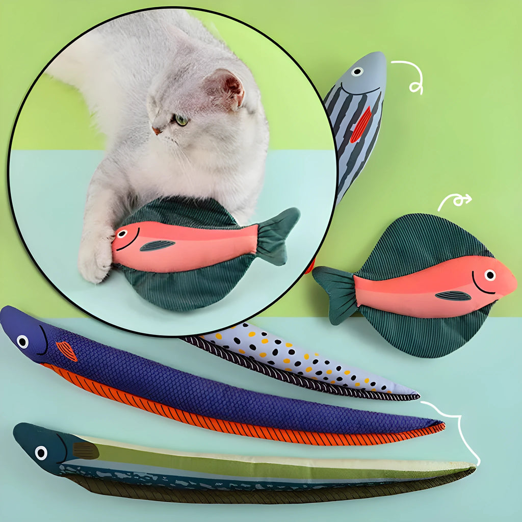 Canvas cat toy shaped like a mint fish in green eel colour on a light background