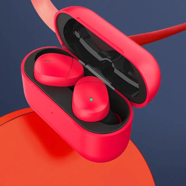 Flame red Qualcomm TWS 3040 wireless Bluetooth headset with earplug design and charging cable