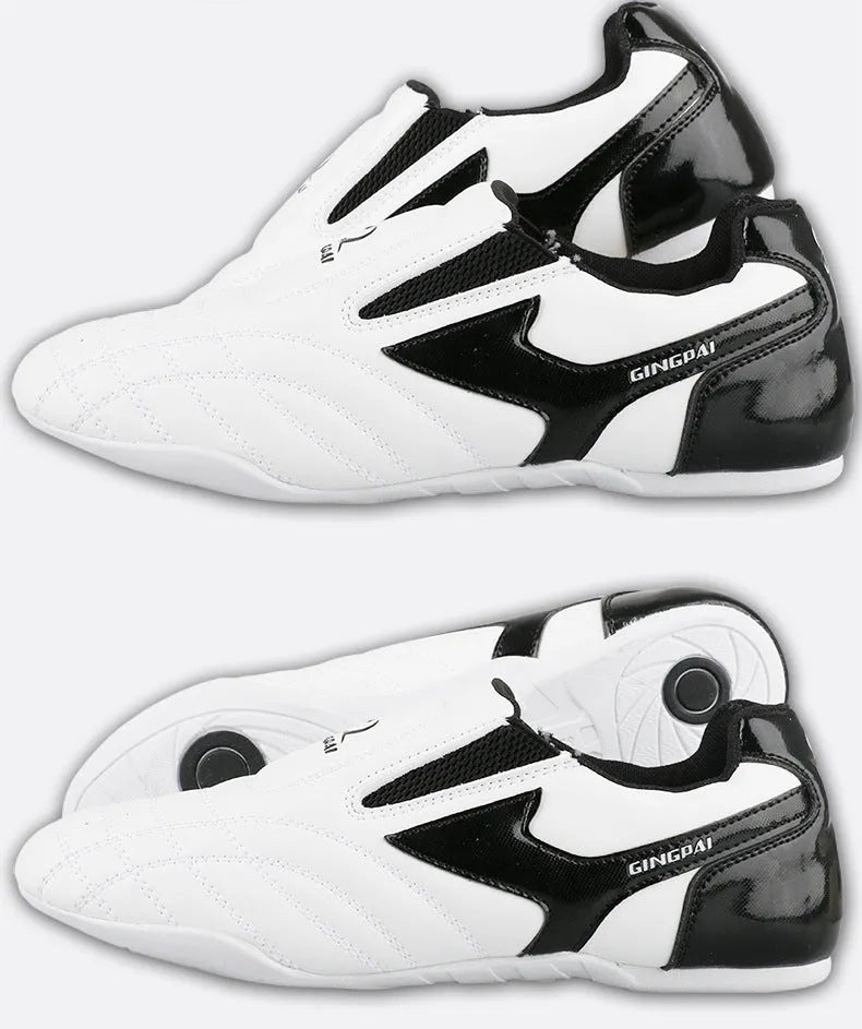 Black and white children's professional martial arts training shoes with soft bottom design