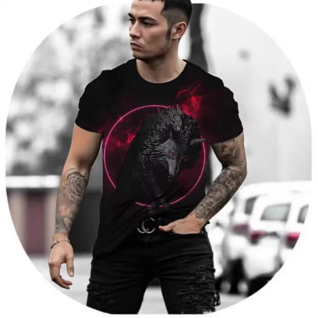 Men's short-sleeved T-shirt with a retro style 3D animal graphic print on light blue fabric.