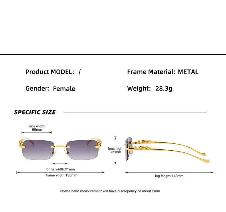 Gold metal leopard head frameless square sunglasses with pink PC lenses on a white background