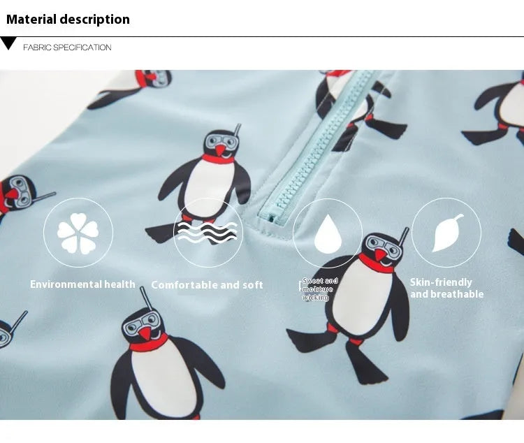 Boys' penguin print one-piece swimsuit with long sleeves and matching swimming cap for children aged 2-7 years
