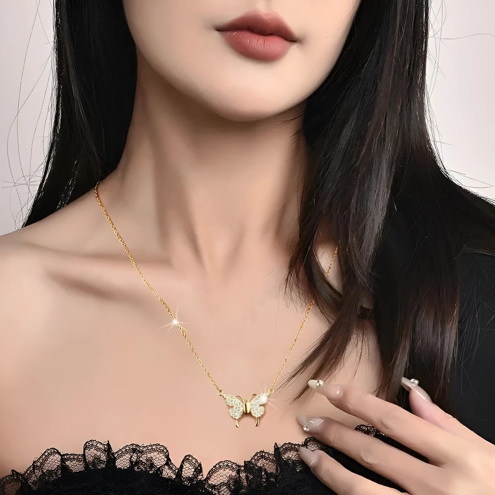 Gold titanium steel clavicle necklace with magnetic snap butterfly charm on twisted chain