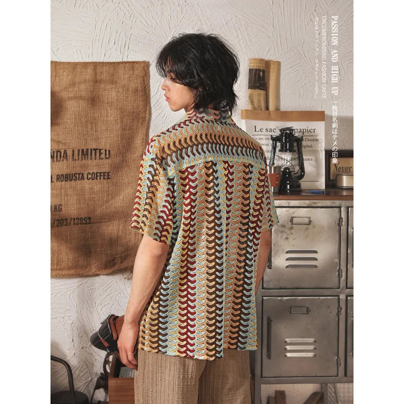 Grey men's short sleeve shirt with Cuban collar and jacquard pattern, shown in slim fit